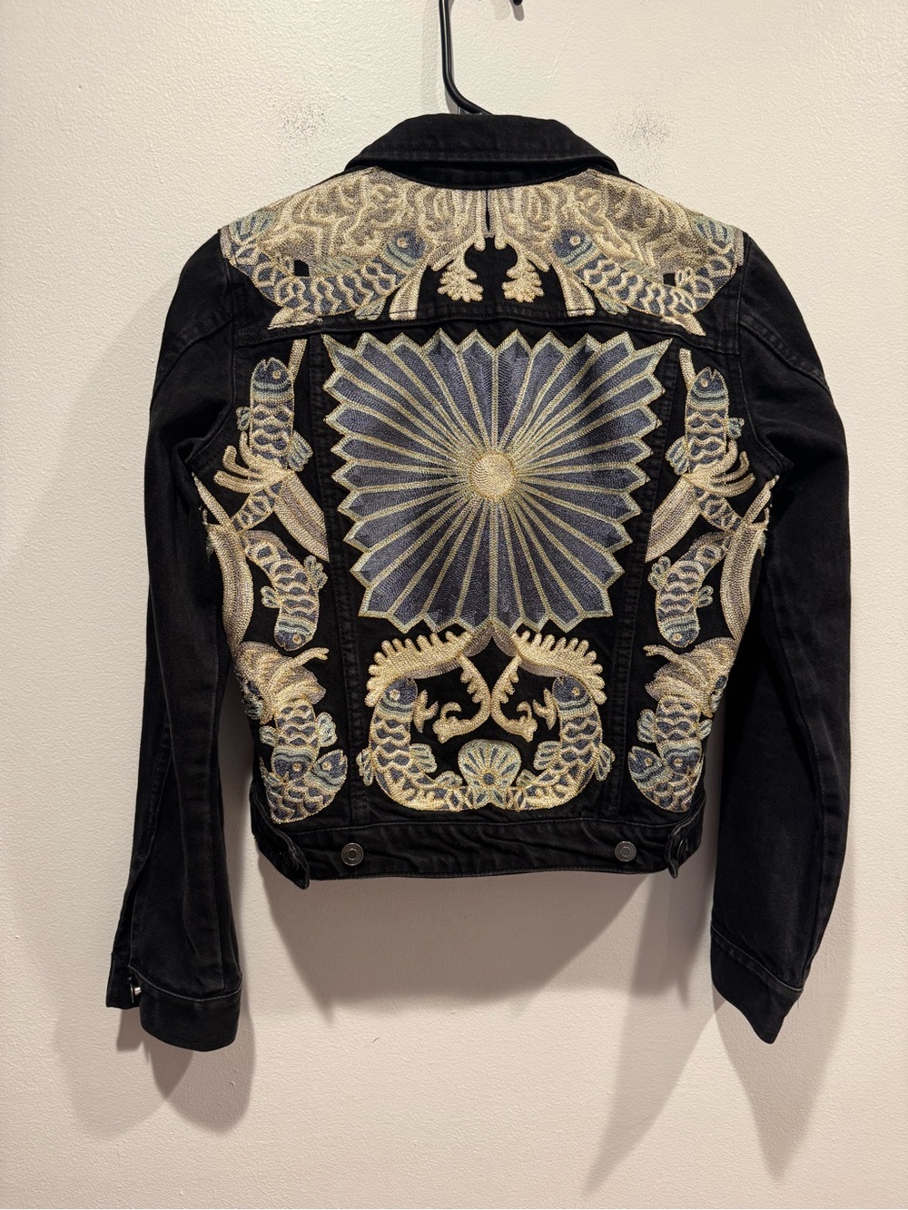 H&M Black Denim Jacket with Gold & Blue Embroidery